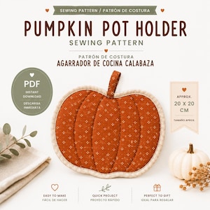 May include: A sewing pattern for a pumpkin pot holder, featuring a rust-coloured fabric with a small white floral print, a beige piped edge, and a hanging loop. The text reads PUMPKIN POT HOLDER SEWING PATTERN, PDF INSTANT DOWNLOAD, and 20 X 20 CM.