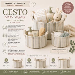Puede incluir: Un patrón de costura digital para un conjunto de tres cestas redondas de tela con asas, con un diseño de rayas beige y blancas. La imagen muestra las cestas en tamaños pequeño, mediano y grande, junto a artículos de cuidado para bebés.