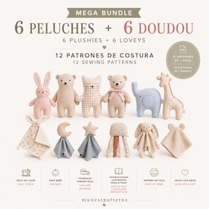 Puede incluir: Un mega paquete de 12 patrones de costura para 6 peluches y 6 doudous. La imagen muestra varios animales de peluche, incluyendo un conejo, osos, un gato, un elefante y una jirafa, junto a doudous con formas de luna, estrella y animales en tonos pastel.