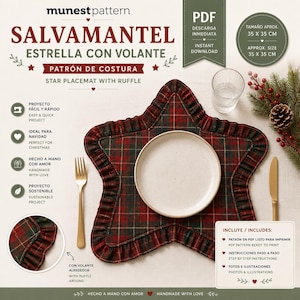 Op de afbeelding: Een stervormig placemat naaipatroon van rood en groen ruitjesstof met een geplooide rand. Het digitale document bevat de tekst SALVAMANTEL ESTRELLA CON VOLANTE, STAR PLACEMAT WITH RUFFLE en geeft een afmeting van ongeveer 35 x 35 cm aan.