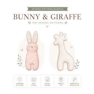 Puede incluir: Un paquete de patrones de costura titulado BUNNY & GIRAFFE PDF SEWING PATTERNS con ilustraciones de un conejo rosa texturizado y una jirafa crema con puntos. El gráfico incluye pequeños corazones, hojas y cinco iconos con etiquetas de texto.