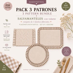 Può includere: Un pacchetto di cartamodelli digitali per tre tovagliette con volant, con testo che include PACK 3 PATRONES, 3 PATTERN BUNDLE, SALVAMANTELES con volante e PLACEMATS WITH RUFFLE - SET OF 3 DESIGNS. L'immagine mostra tre modelli di tovagliette.