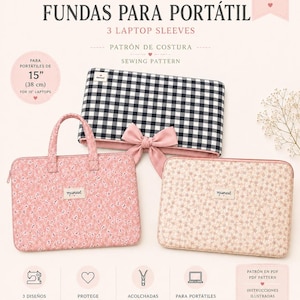 Peut inclure: Un patron de couture numérique pour trois housses d'ordinateur portable de 38 cm par munestpatterns. L'image montre une housse à carreaux noirs et blancs avec un nœud rose, une housse à fleurs roses avec anses et une housse à fleurs beiges.