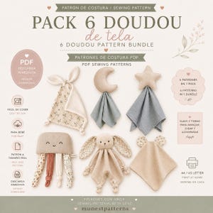 May include: A digital sewing pattern bundle for six baby security blankets featuring various shapes including a rabbit, moon, star, and jellyfish. The text includes PACK 6 DOUDOU de tela, 6 DOUDOU PATTERN BUNDLE, PDF SEWING PATTERNS, and various icons indicating instant download and print at home options.