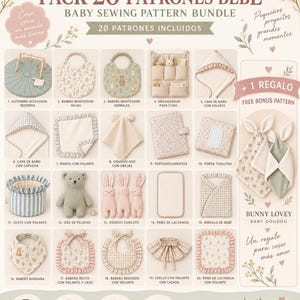 May include: A digital sewing pattern bundle titled PACK 20 PATRONES BEBÉ BABY SEWING PATTERN BUNDLE featuring twenty baby items including bibs, a play mat, a crib organiser, hooded towels, blankets, plush toys, and a bonus bunny lovey pattern.