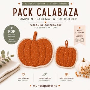 Puede incluir: Un patrón de costura PDF titulado PACK CALABAZA PUMPKIN PLACEMAT & POT HOLDER. La imagen muestra dos artículos acolchados con forma de calabaza en tela naranja quemado con un pequeño estampado floral blanco, ribete beige y una presilla.