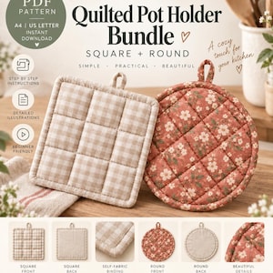 May include: A digital sewing pattern bundle for a square and round quilted pot holder. The image displays a beige gingham square pot holder and a floral print round pot holder, each with a hanging loop, alongside instructional text.