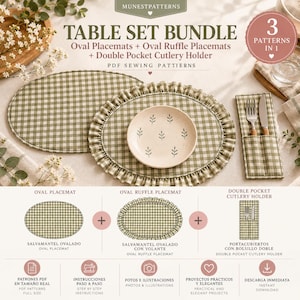 Puede incluir: Un paquete de patrones de costura digitales titulado TABLE SET BUNDLE que incluye un mantel individual ovalado, un mantel individual ovalado con volantes y un portacubiertos de doble bolsillo. Todo en tela de cuadros verde y blanca. Incluye PDF.