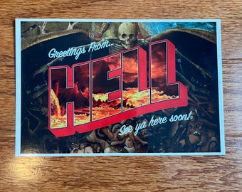 Greetings from HELL Postcard | See Ya Here Soon | Funny Postcard | Unique Gift | Dark Humor