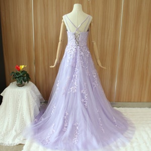 Purple prom dress, leaf lace evening dress with rhinestone, spaghetti straps party dress, corset prom gown, sleeveless banquet dress zdjęcie 4