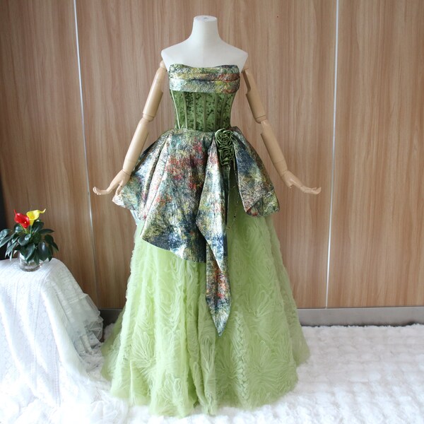 Forest green prom ball gown, fairy strapless evening dress, girl floral tulle party dress, elegant velvet prom gown, floral bridal gown