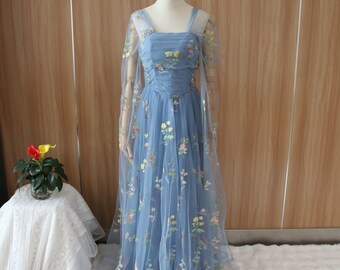 Blue floral prom dress, embroidered flower evening dress, long sleeve party dress, girl birthday gown, fairy graduation gown, banquet dress