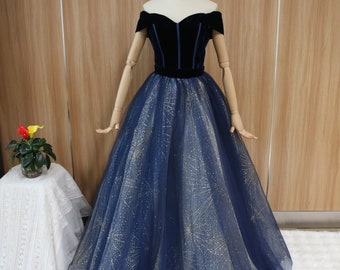 Navy blue prom ball gown, velvet off shoulder evening dress, sparkly gold glitter party dress, elegant prom gown, corset banquet dress