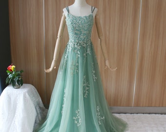 Sage green prom dress, leaf lace evening dress with rhinestone, spaghetti straps party dress, corset prom gown, sleeveless banquet dress