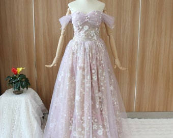 Purple floral prom ball gown, fairy off shoulder evening dress, sequined flower party dress, elegant prom gown, floral bridal gown