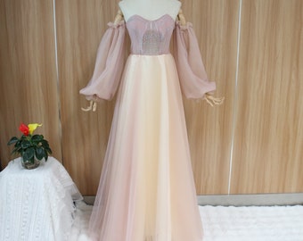 Fairy pink prom dress, detachable tulle off shoulder evening dress, strapless party dress, rhinestone prom gown, sweetheart banquet dress