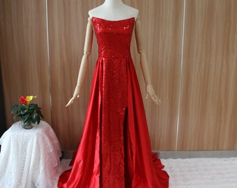 Funkelndes rotes Pailletten-Abschlussballkleid, Satinrock-Damenkleid, trägerloses Abendkleid, Partykleid mit Vorderschlitz, Brautkleid, Geburtstagskleid