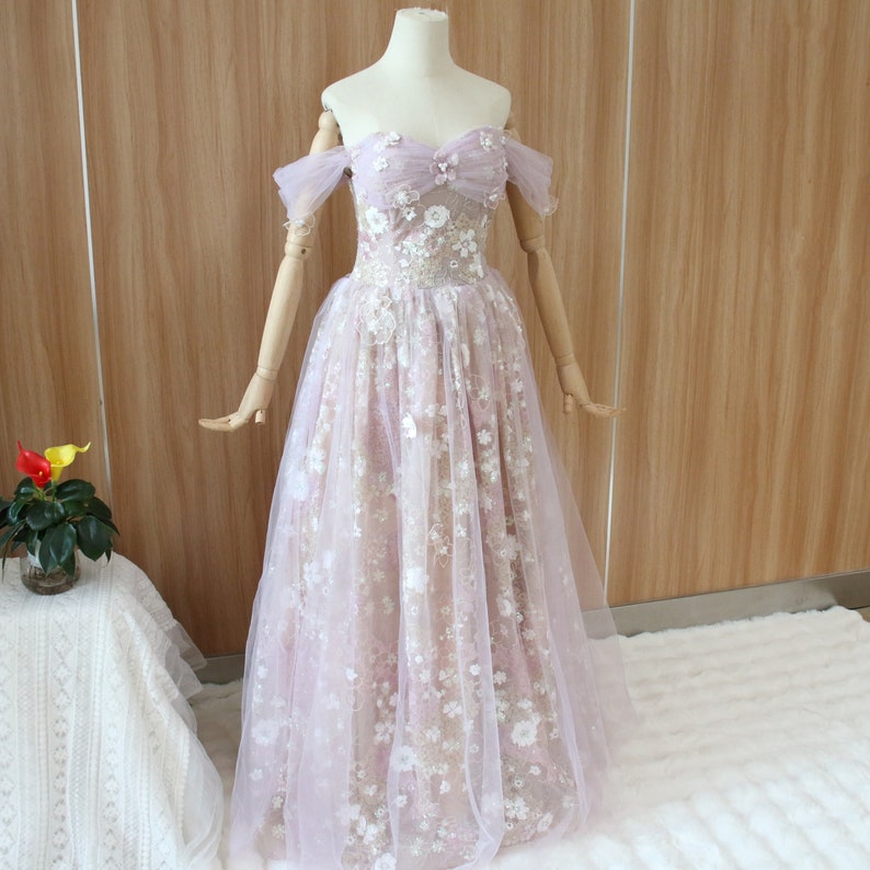 Purple floral prom ball gown, fairy off shoulder evening dress, sequined flower party dress, elegant prom gown, floral bridal gown zdjęcie 2