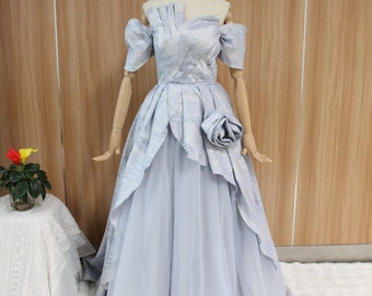 Fairy blue prom ball gown, off shoulder evening dress, Feather party dress, elegant prom gown, corset banquet dress, floral bridal gown