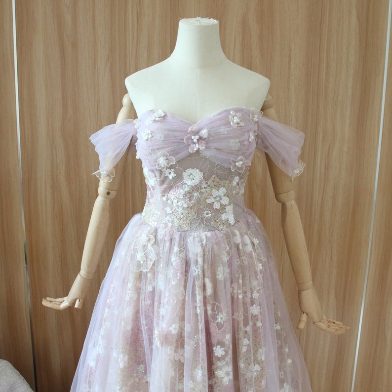 Purple floral prom ball gown, fairy off shoulder evening dress, sequined flower party dress, elegant prom gown, floral bridal gown zdjęcie 6