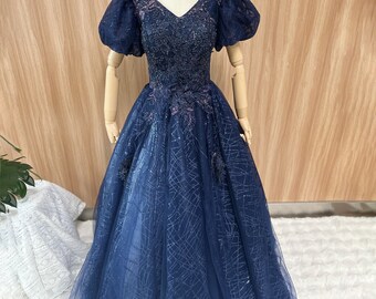 Navy blue prom ball gown, v neck evening dress, short puffed sleeve party dress, beaded flowers prom gown, sparkly sequin banquet dress