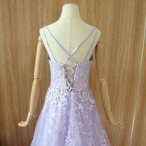 Purple prom dress, leaf lace evening dress with rhinestone, spaghetti straps party dress, corset prom gown, sleeveless banquet dress zdjęcie 8