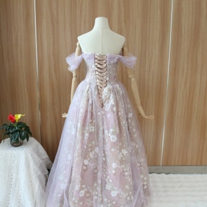 Purple floral prom ball gown, fairy off shoulder evening dress, sequined flower party dress, elegant prom gown, floral bridal gown zdjęcie 5
