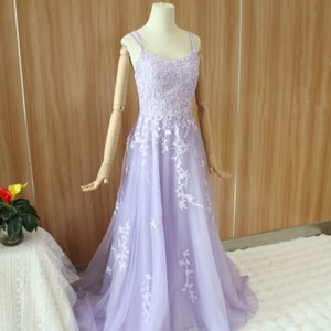 Purple prom dress, leaf lace evening dress with rhinestone, spaghetti straps party dress, corset prom gown, sleeveless banquet dress zdjęcie 2