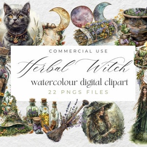 Herbal Witch Bruxaria Aquarela Wiccan Clipart PNG Pacote AI Ilustração Download instantâneo para uso comercial Scrapbook Junk Journal