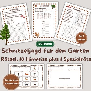 Puede incluir: Un conjunto de tarjetas de búsqueda del tesoro imprimibles para niños con temática de bosque. Las tarjetas son marrones con texto blanco e ilustraciones de animales como ardillas, ciervos y búhos. El texto en las tarjetas dice "Schnitzeljagd für den Garten" que se traduce como "Búsqueda del tesoro para el jardín".