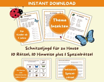 Scavenger hunt for children from 7 years, indoor insect treasure hunt, interactive learning game, birthday party activity, PDF, puzzle fun