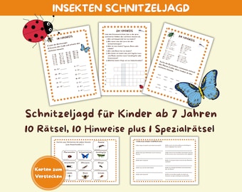 Scavenger hunt for children ages 7 and up, insect’s game, indoor treasure hunt, PDF, puzzles, learning fun for kids, German Version