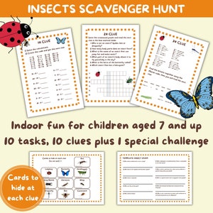 Insekten Schnitzeljagd für Kinder ab 7 Jahren, lustige Indoor Schatzsuche, PDF-Puzzles, lehrreiche Geburtstagsaktivität, Printable für Kids
