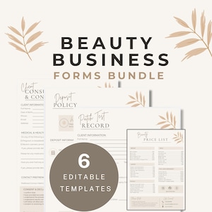 Könnte beinhalten: Ein Bundle von sechs editierbaren Formularen für das Beauty-Business. Die Formulare umfassen Kundenberatung, Einzahlungsrichtlinien, Patch-Test-Protokoll und Preisliste. Die Formulare sind weiß mit beige-braunen Akzenten.