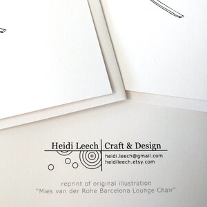 May include: Two white art prints with minimalist line drawings of furniture. The prints are layered, with the top one partially obscuring the other. The bottom of the image includes the text "Heidi Leech Craft & Design" and "Mies van der Rohe Barcelona Lounge Chair."