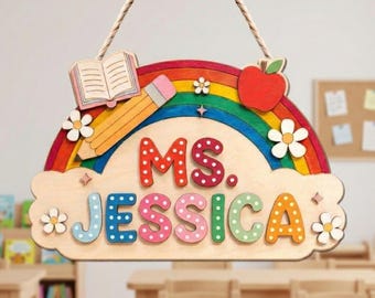 Personalized Teacher 3D Wooden Door Sign, Teacher Door Hanger, Cute Teacher Door Sign, Teacher Gift, Custom Teacher Name, Classroom Decor