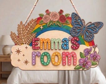 Custom Boho Flowers Wooden Name Sign for Girls Room, Cute Rainbow Nursery Door Hanger, Birthday 3D Welcome Gift for Kids, Baby Shower Gift