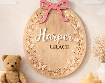 Personalized Wooden Baby Name Sign with Bow, Custom Nursery Name Sign, Butterfly Wood Wall Decor, 3D Raised Baby Name Sign