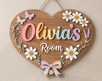 Personalized Bow Nursery Name Sign, Custom Nursery Wooden Baby Name Plaque, Newborn Gift, Baby Shower Gift, Heart Shape Room Decor