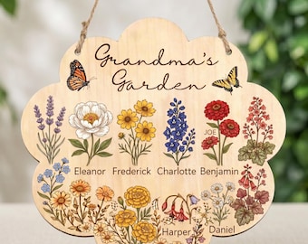 Grandma's Garden Wooden Sign, Birth Month Flowers Door Hanger, Grandma & Great Grandma Decor, Custom Kids Name Perfect Gift for Mother's Day