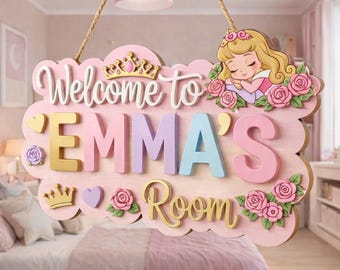 Custom Nursery Name Sign, Princess Aurora Baby Name Sign, Kids Bedroom Door Sign, Kids Birthday Gift, Girl Room Wall Sign