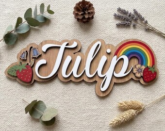 Custom Rainbow Baby Name Sign, Layered Wood Strawberry Nursery Decor, Personalized Baby Gift, Birthday 3D Welcome Sign for Kids