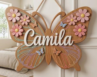 Personalized Butterfly Name Sign, Floral Butterfly Door Hanger, Nursery Door Sign, Custom Wooden Butterfly Wall Decor, Baby Room Name Sign