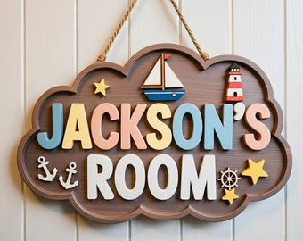 Custom Ocean Theme Wooden Name Sign for Boys Room, Cute Boat Nursery Door Hanger, Custom Birthday 3D Welcome Gift for Kids