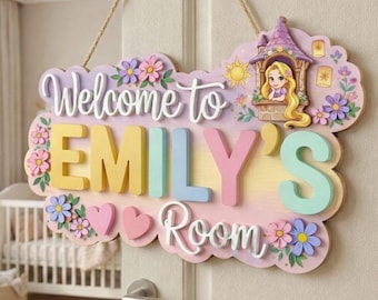 Custom Princess Wooden Name Sign for Girls Room, Cute Rapunzel Nursery Door Hanger, Personalized Birthday 3D Welcome Gift for Kids