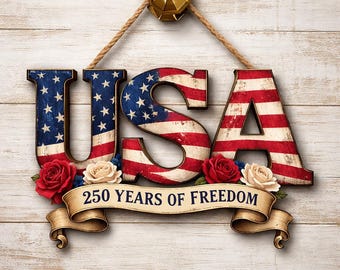 250th Anniversary Wooden Sign, 4th of July Patriotic Door Hanging Decor, Floral American Flag Wall Sign, Veteran Gift, USA Pride Sign
