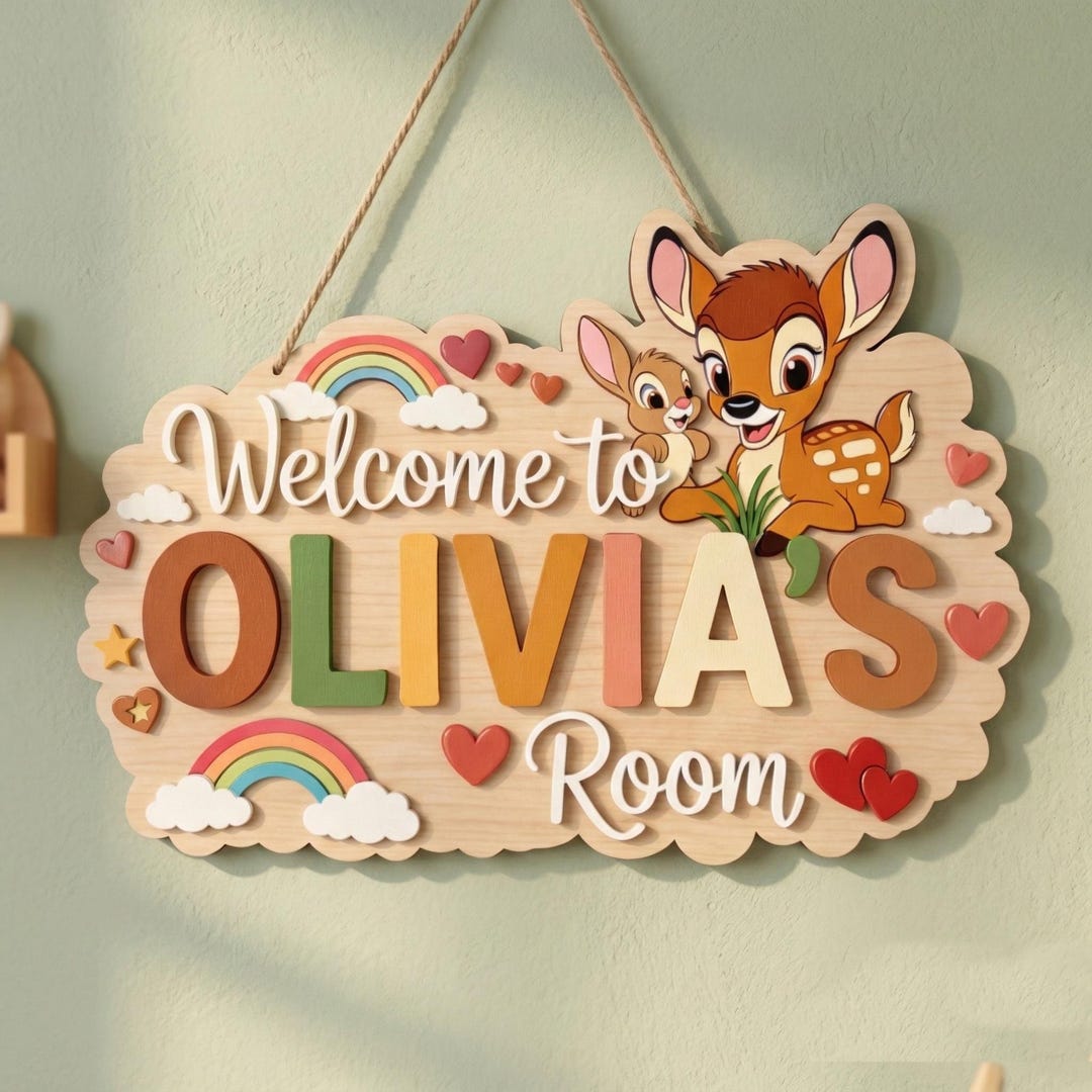 Baby Bambi Wooden Name Sign, Custom Bambi Room Door Sign, Deer and ...