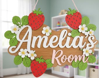 Custom Strawberry Wooden Name Sign for Girls Room, Cute Strawberry Nursery Door Hanger, Custom Birthday 3D Welcome Gift for Kids