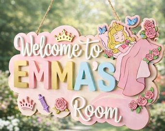 Custom Princess Wooden Name Sign for Girls Room, Cute Aurora Nursery Door Hanger, Personalized Birthday 3D Welcome Gift for Kids