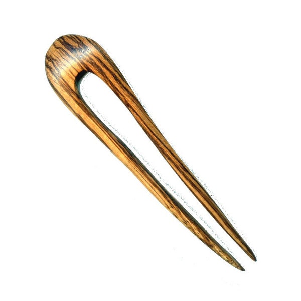 Hand Carved 2 Prong Rosebud Style Hair Fork Zebrawood Baerreis  5 inch FP